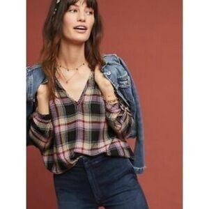 Anthropologie Cloth & Stone Charley Popover Ruffle V-Neck Plaid Blouse T…